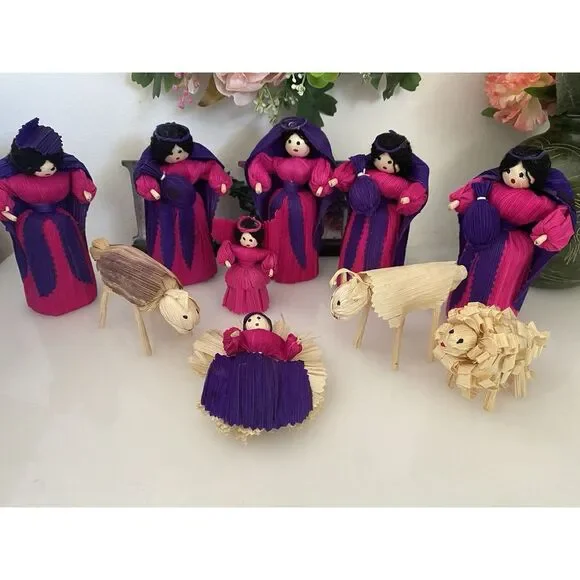 10 Piece Handmade Vtg Christmas Nativity Set Corn Husk 5" Dolls Roatan Honduras - Picture 7 of 16